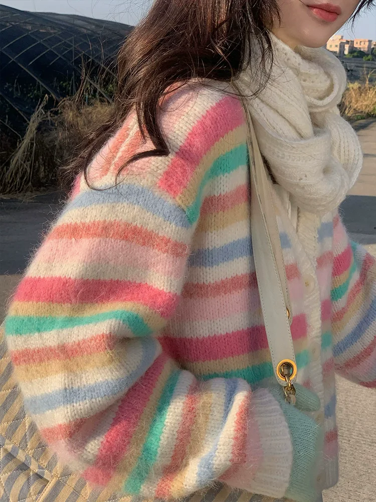

Spring Autumn Women Colorful Striped Knitwear Sweater Coat Cardigan