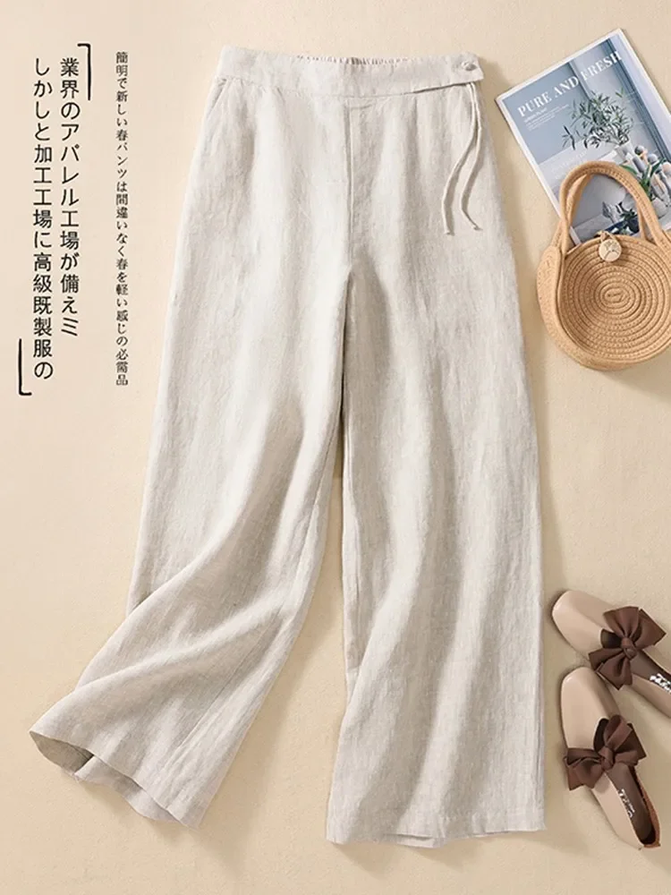 Women Casual Wide Leg Pants New Arrival 2024 Summer Vintage Style Solid Color Straight Loose Female Cotton Linen Trousers