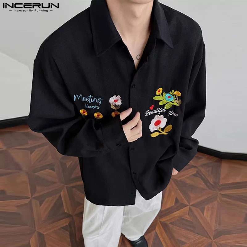

INCERUN Мужская рубашка с цветочной вышивкой и лацканами с длинным рукавом, свободная мужская одежда, уличная одежда, модные повседневные мужские рубашки 2025, топы S-5XL