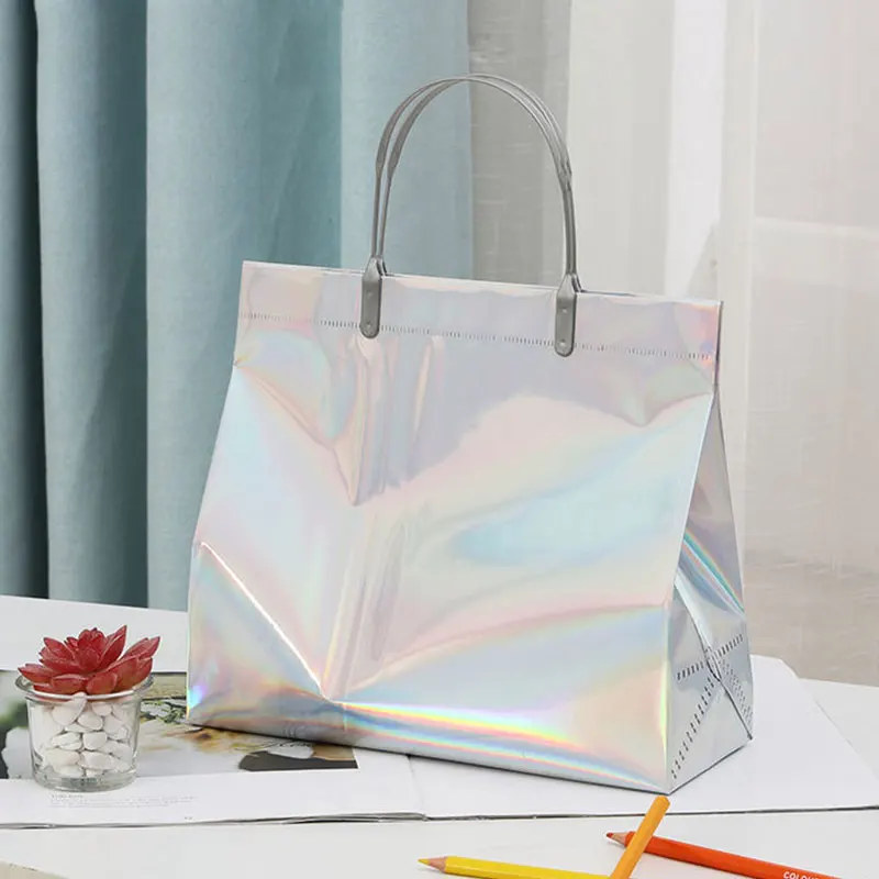 Fashion Reusable Laser PVC Shopping Bag Thick Handbag Waterproof Tote Bags Portable Grocery Storage Bag Lady Eco Shopping Pouch