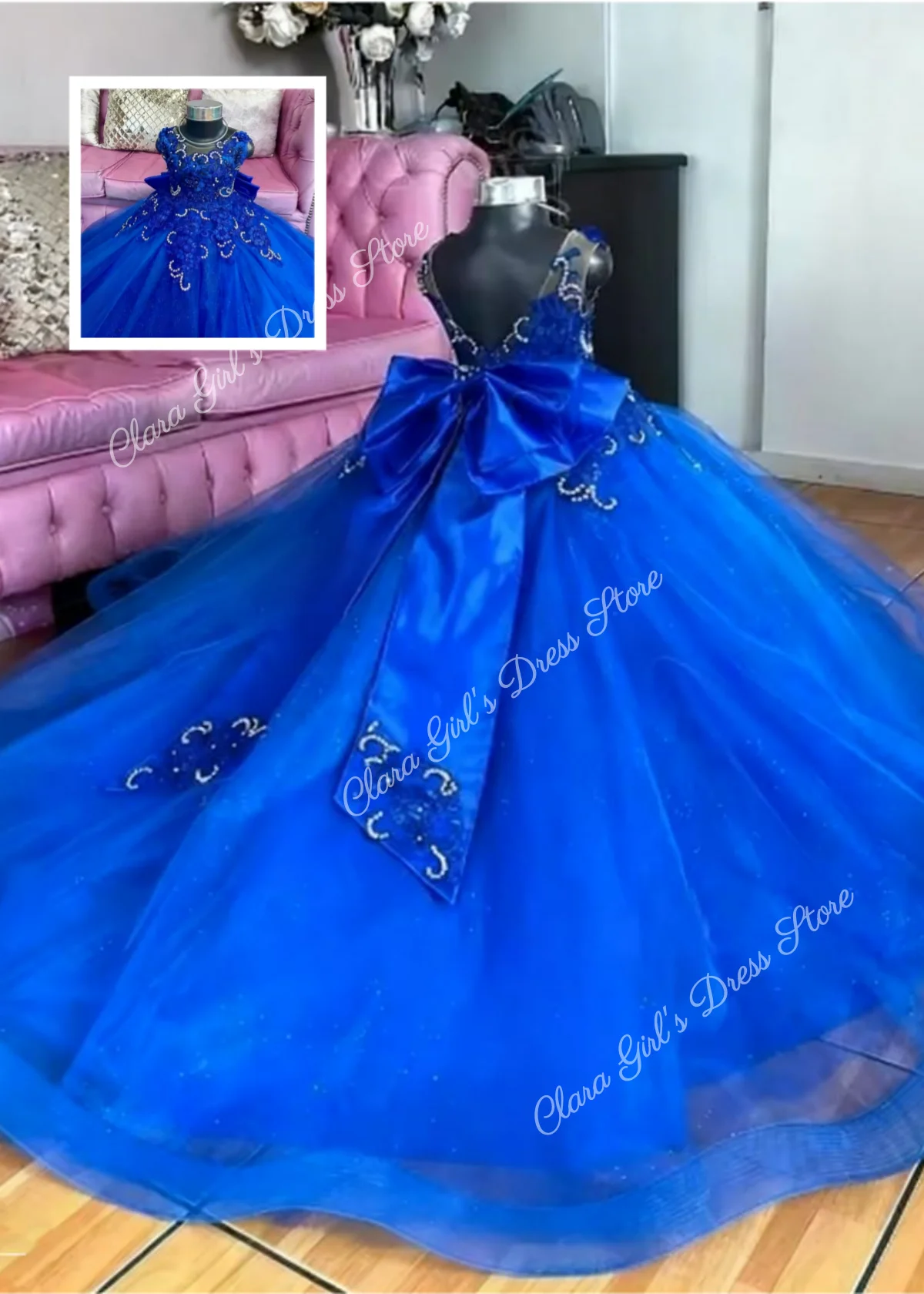 Custom Flower Girl Dress Royal Blue Sequin Sparkle Tulle Dress Ball Gown Wedding Birthday Party Girl Dress