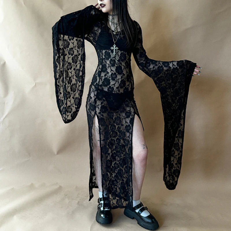 女性用シアーレースマキシドレス、バットロングスリーブ、スリット入りフローイドレス、Y2Kフェアリーグランジ、シースルー、E-girl、ゴスパンク、ボディコンスリップドレス