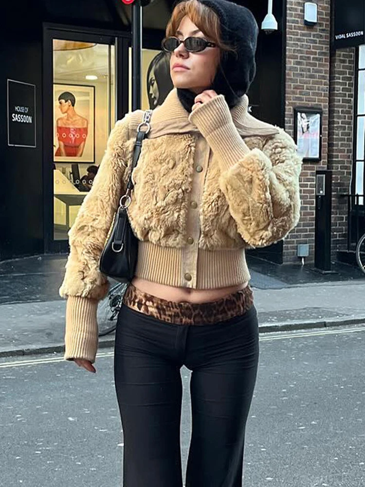 BKQU-Chaqueta cálida de piel sintética para mujer, abrigo corto ajustado a la moda con cuello vuelto y una hilera de botones, ropa de calle Y2K 2024