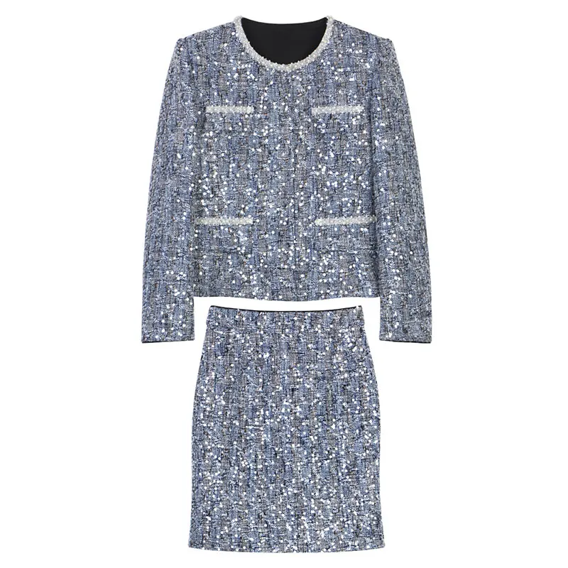 

New fashion and elegant light luxury heavy industry pearl sequin temperament jacket + skirt two-piece suit