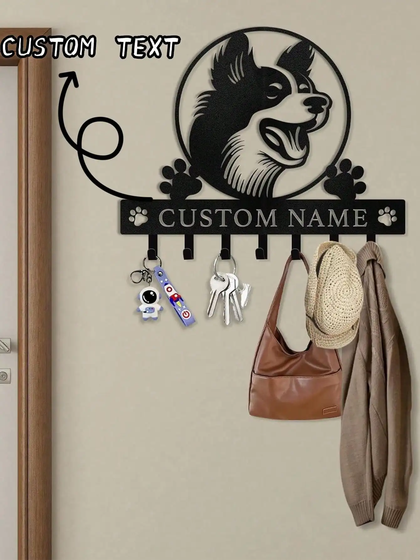 

Custom Metal Wall Mounted Dog Leash Holder Key Rack Entryway Hallway Decor Hook Coat Rack Photo Frame Display Organizer