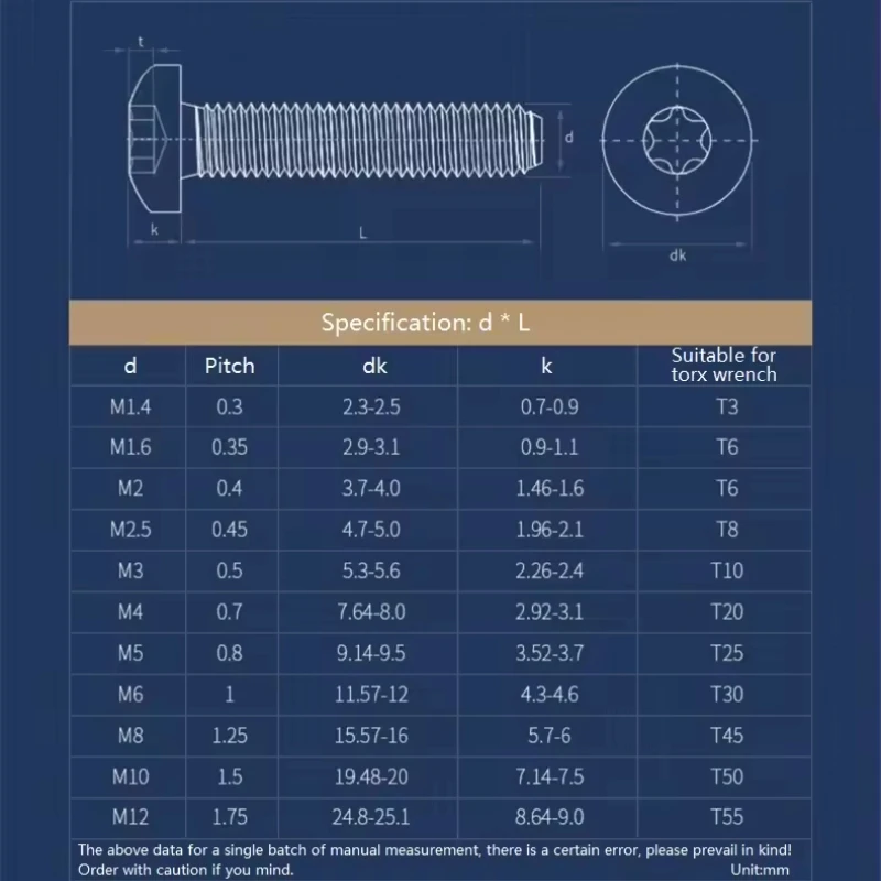 M1.4 M1.6 M2 M2.5 M3 M4 M5 M6 M8 M10 GB2672 304 Stainless Steel Six-Lobe Torx Pan Six Lobe Round Head Bolt Screw