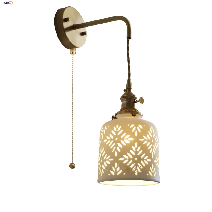

IWHD Pull Chain Switch LED Wall Light Fixture Living Room Bar Stair Knob Switch Nordic Modern White Ceramic Bedside Lamp Sconce