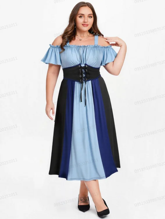 ROSEGAL Plus Größe frauen Kleid Neue Kalte Schulter Geraffte Rüschen Colorblock Patchwork Spitze Up Gürtel Vintage Korsett Kleider Robe