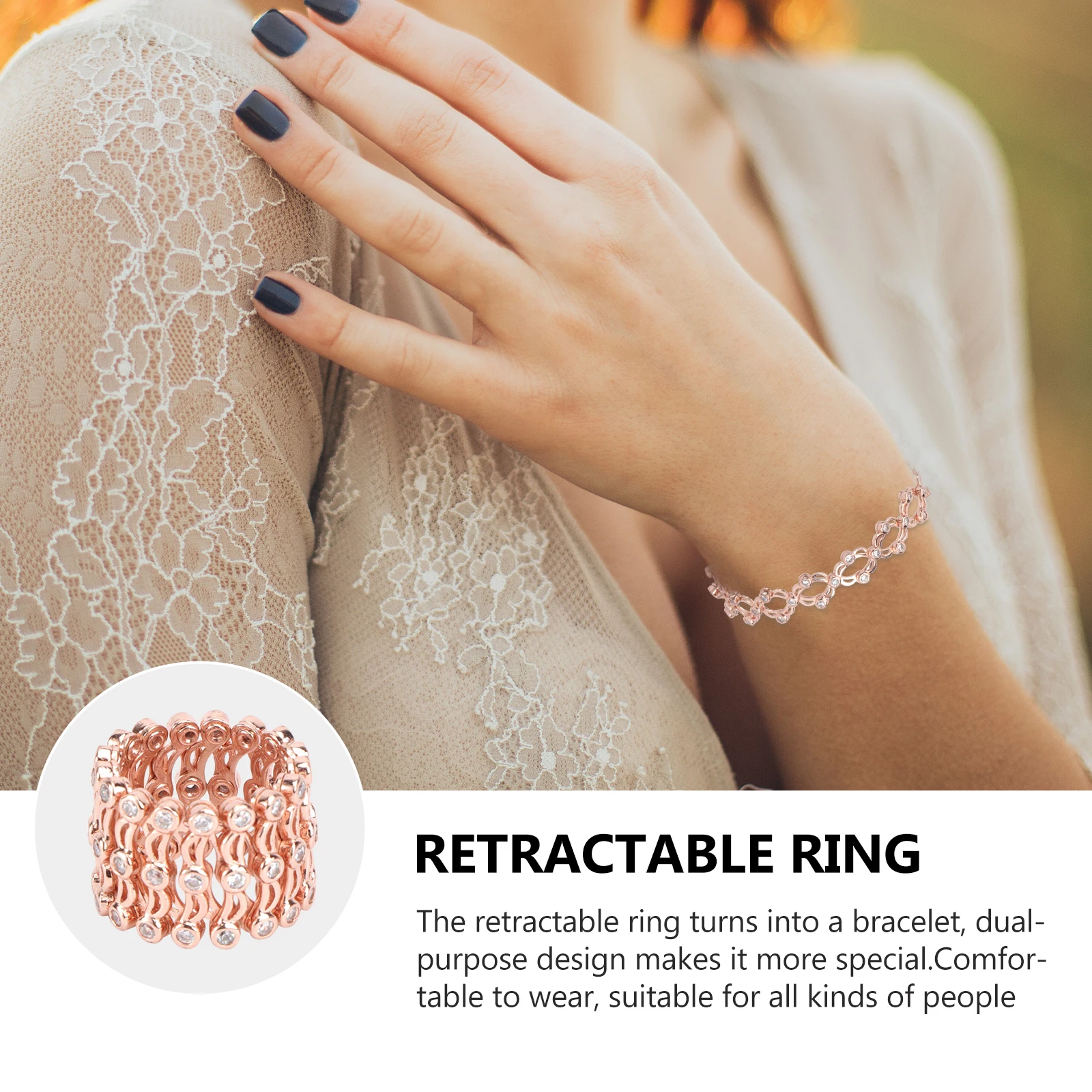 

1Pcs 2 in 1 Ring Bracelet Stretchable Finger Ring Silver Rhinestone Retractable Finger Jewelry for Parties Dual-Purpose Bracelet