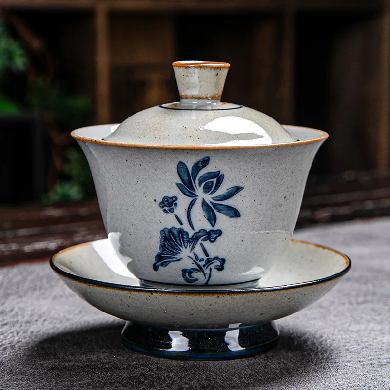 Vintage Brennholz handbemalt Gaiwan, Keramik blau und weiß Zeremonie Schüssel, Kung Fu Tee-Set, Steinzeug Brauen Abdeckung, Terrine