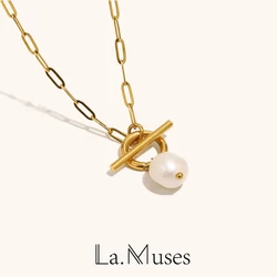 La. Muses Baroque Freshwater Pearl Pendant Stainless Steel Women's Necklace 18K Gold Plated Fashion Jewelry Gift