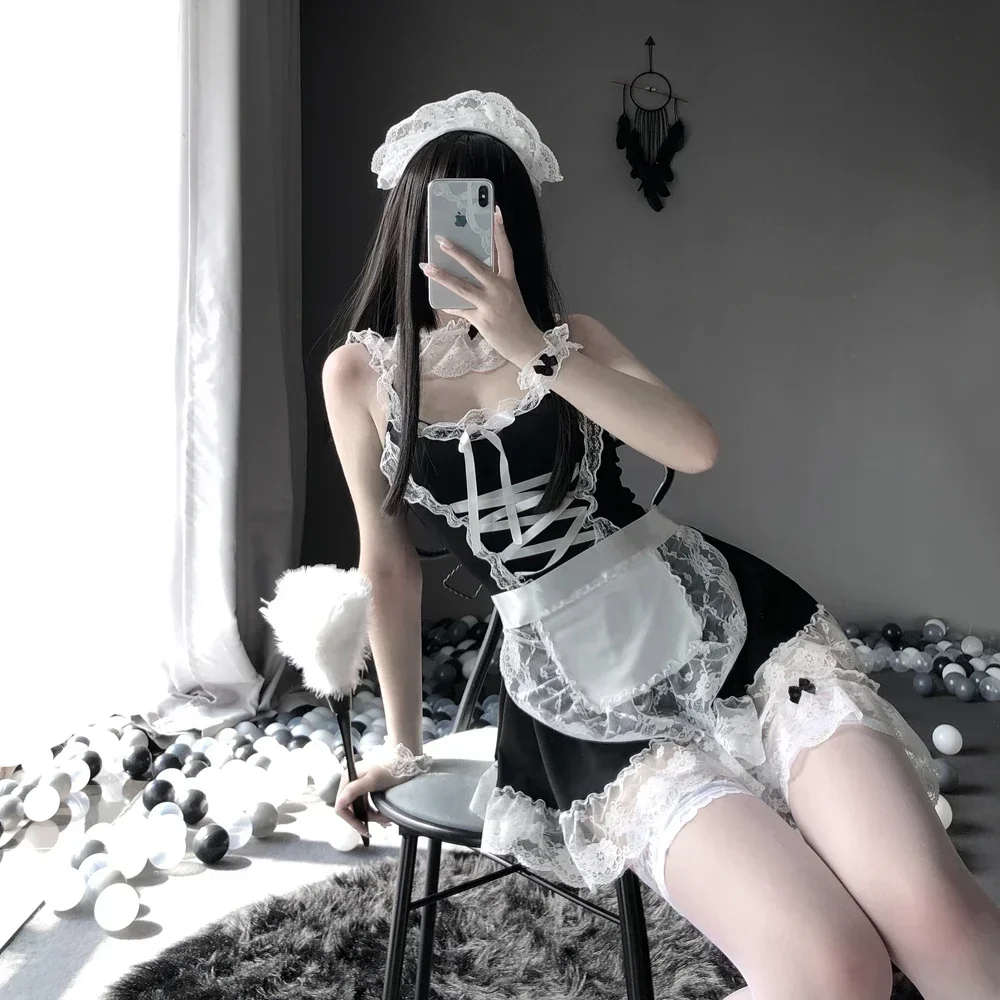 Lencería Sexy Porno para mujer, vestido de sirvienta, uniforme, disfraces de Cosplay de Anime, delantal de sirviente con bragas, conjunto de ropa exótica de Lolita