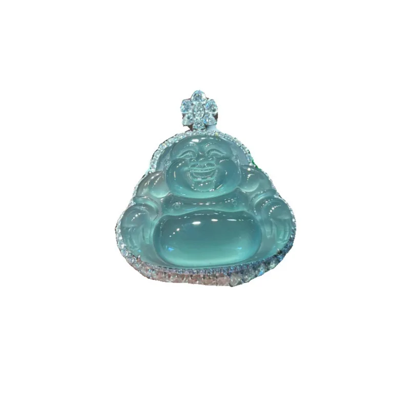 Myanmar natural water jadeite ice pendant, 1K gold inlay with sky blue glass seed Maitreya Buddha