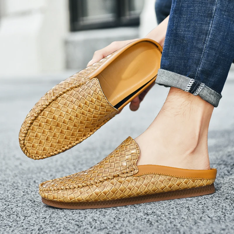 Leather Mules Men Sandals Semi-Drag Casual Shoes Summer Man Slides Slip-On Backless Loafers Slippers Half Shoes For Men 2024