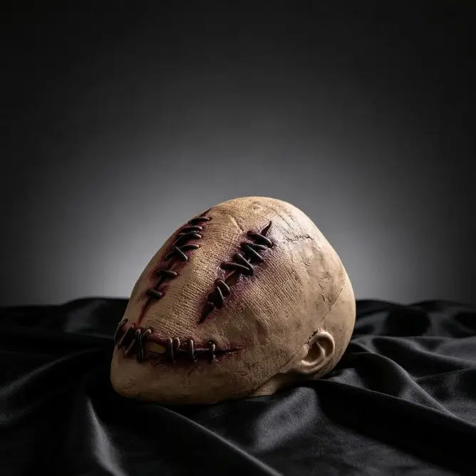 Creepy Stitched Smiley Face Latex Mask Halloween, Horror Full Head Mask for MScary urder Mystery Game, Haunted House, Cosplay, D