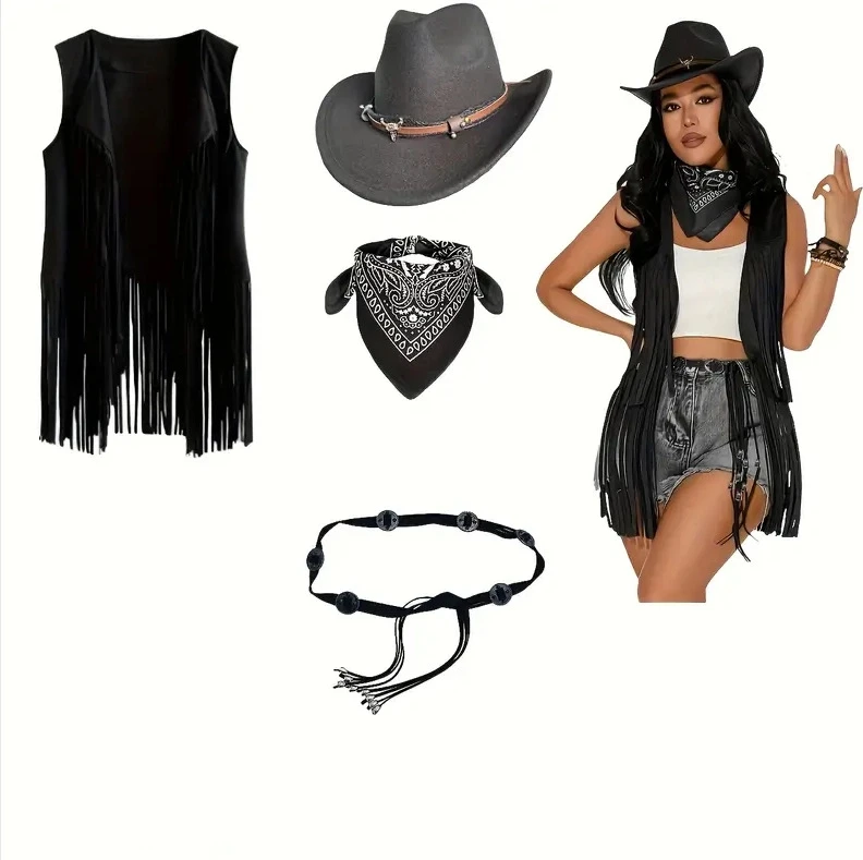 

Medieval Retro Western Cowboy Hat Women's Retro Bohemian Waist Rope Square Scarf Set Holiday Party Cosplay Accessories Props