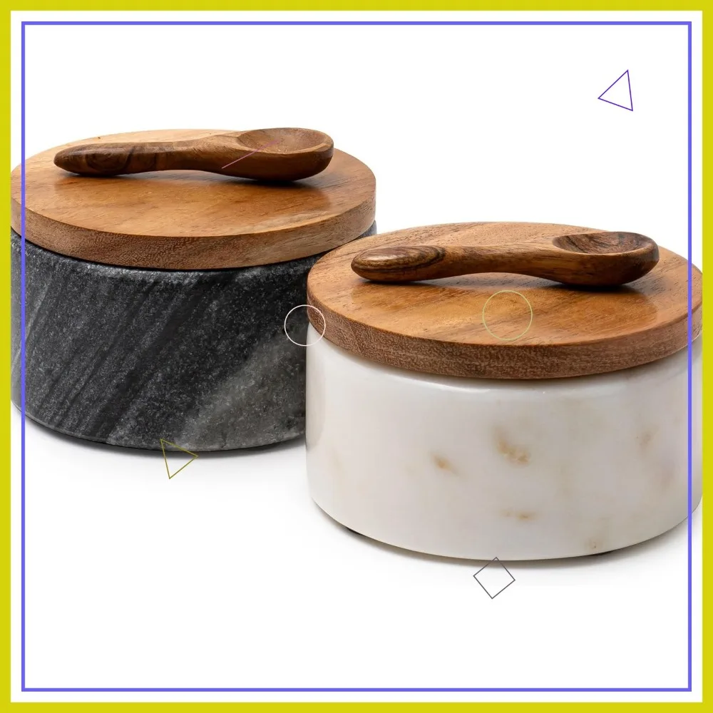 

Handcrafted Marble Salt and Pepper Bowls Set with Wood Lids - Elegant Kitchen Containers for Countertop