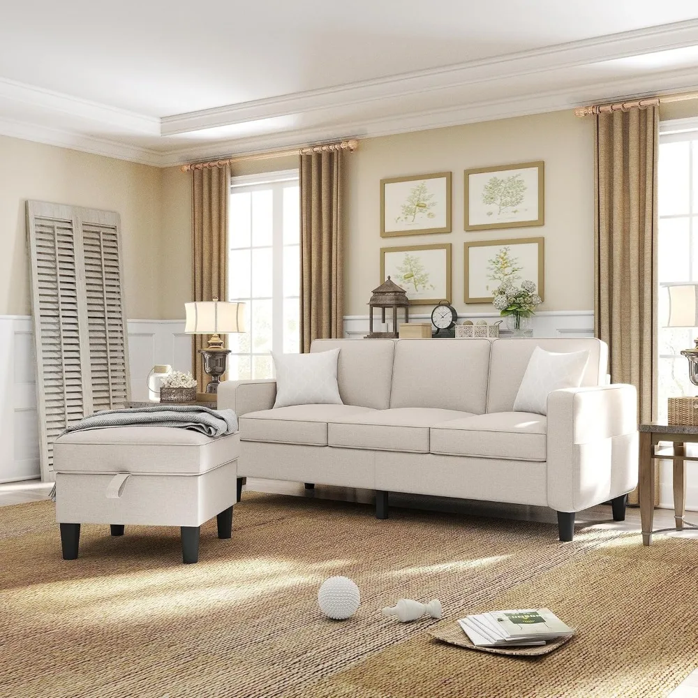 

Couch for Living Room - 78'' Beige Linen 3 Seat L-Shaped Sectional Sofa Couches with Storage Ottoman - Modern Small Space Uphol
