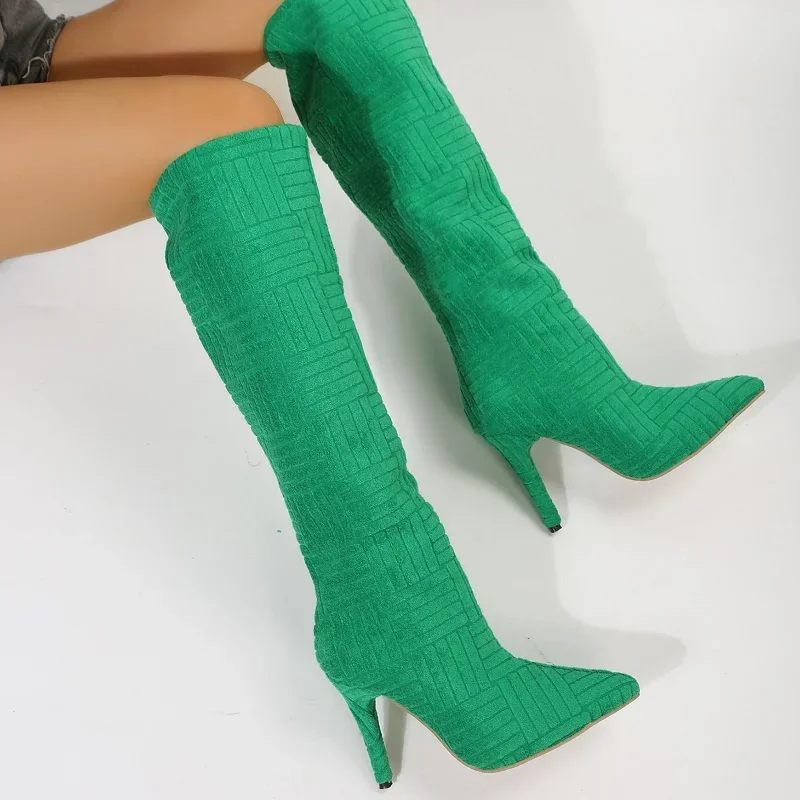 Women Boot High Heels Knee High Long Green Shoes Felt Boots for Moccasin Casual Elegant Sexy Furry Pole Dance Stripper Plus Size