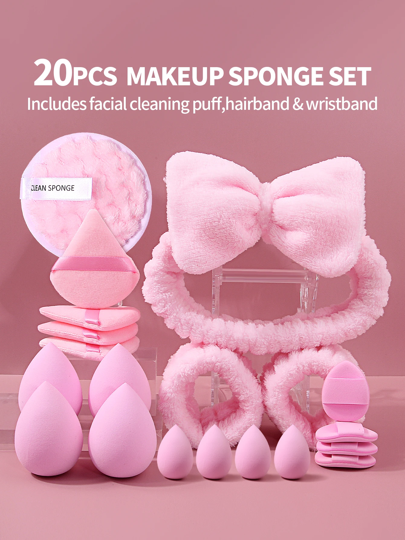 20Pcs Multi-function Makeup Sponge Set Facial Cleansing Puff Bow Hairband Wristband Complete Beauty Makeup Applicator Kit