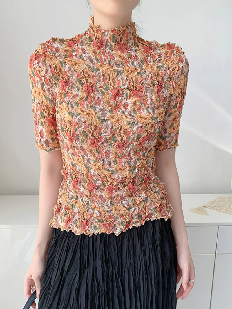 Pleated Handmade Random Print Summer Pleated Top For Women Comfortable Casual Loose Famale's Elastic T-shirt 2L2U9