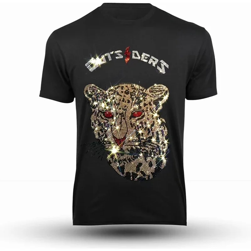 Fashion Mens Quality T-Shirts Summer Casual Street Short Sleeve Leopard Graphic Clothing Tee Tops O-Neck Rhinestone Club Tshirt