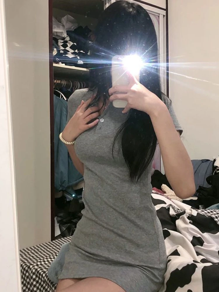 Dress Women Short Sleeve Simple Turn Down Collar Casual Solid Hotsweet Femme Korean Style Fashion Mini High Street Tunic A-line