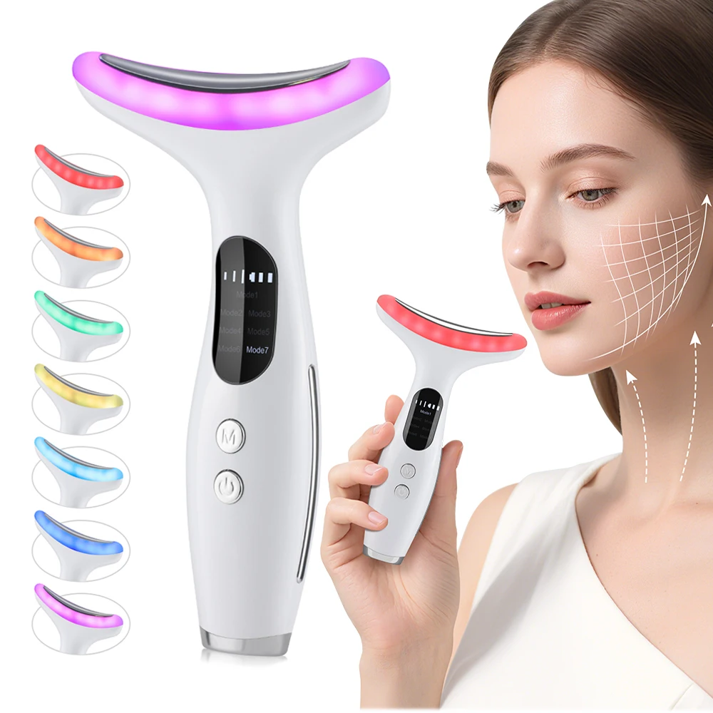 顔首リフト美容機器 EMS フェイシャルマッサージャー 7 色加熱二重あごリムーバー肌の若返り引き締め抗しわ