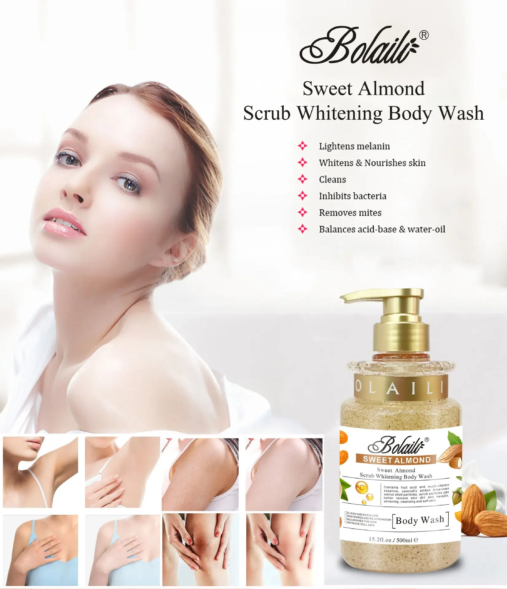 500ml Body Wash Exfoliating Moisturizing Whitening Skin Lightening Increase Skin Radiance Sweet Almond Whitening Scrub