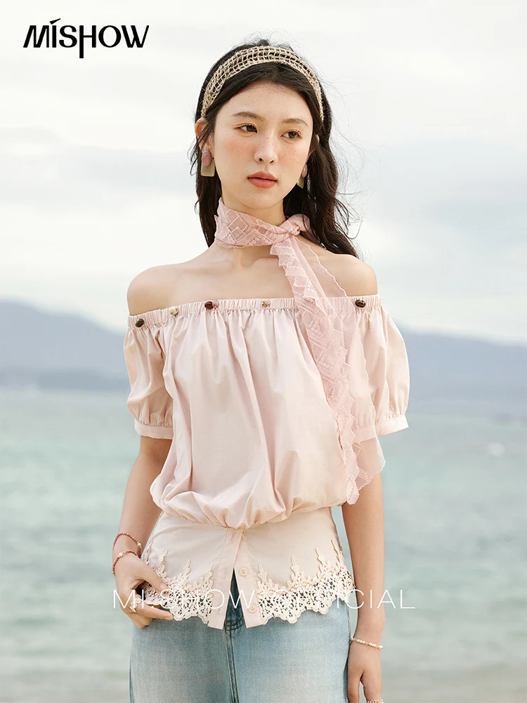 

MISHOW French Summer Blouses Women 2025 New Slash Neck Short Puff Sleeve Slim Shirt Woman Sweet Fashion Tops Lady MXE33X1756