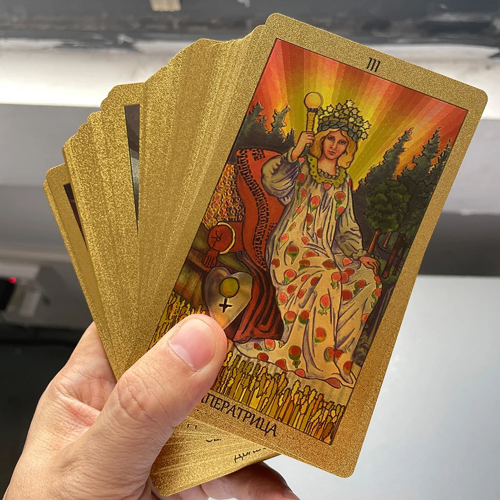 Baraja de Tarot rusa de lámina dorada de 12x7cm, cartas de adivinación para principiantes con guía Toro Taro