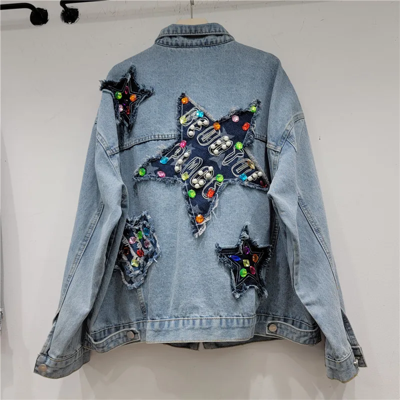 Patch Beaded Diamond Five-Pointed Star Embroidery Patchwork Denim Jacket Women 2023 Autumn Casual Loose Slimming Jeans Top Coats