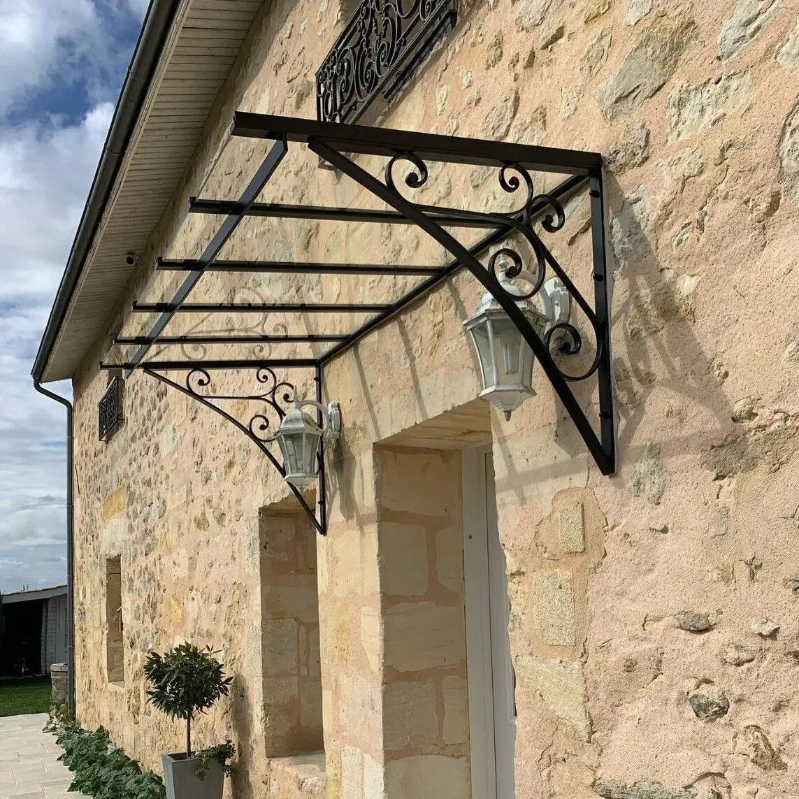 Smart Villa Entryway Protection Awning with Iron Frame and Integrated Rain Sensors