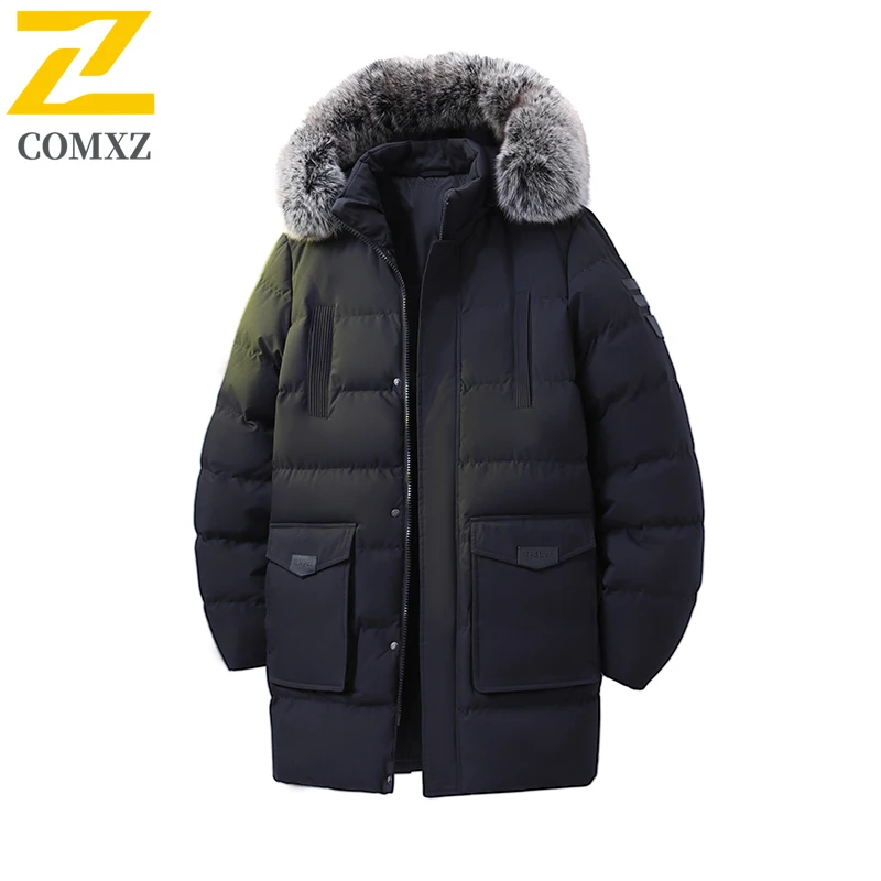 

Comxz 2026 Winter Men Parkas Down Cotton-Padded Jacket Fashion Long Male Jacket High Street Thicken Windproof Fur Hooded Coat