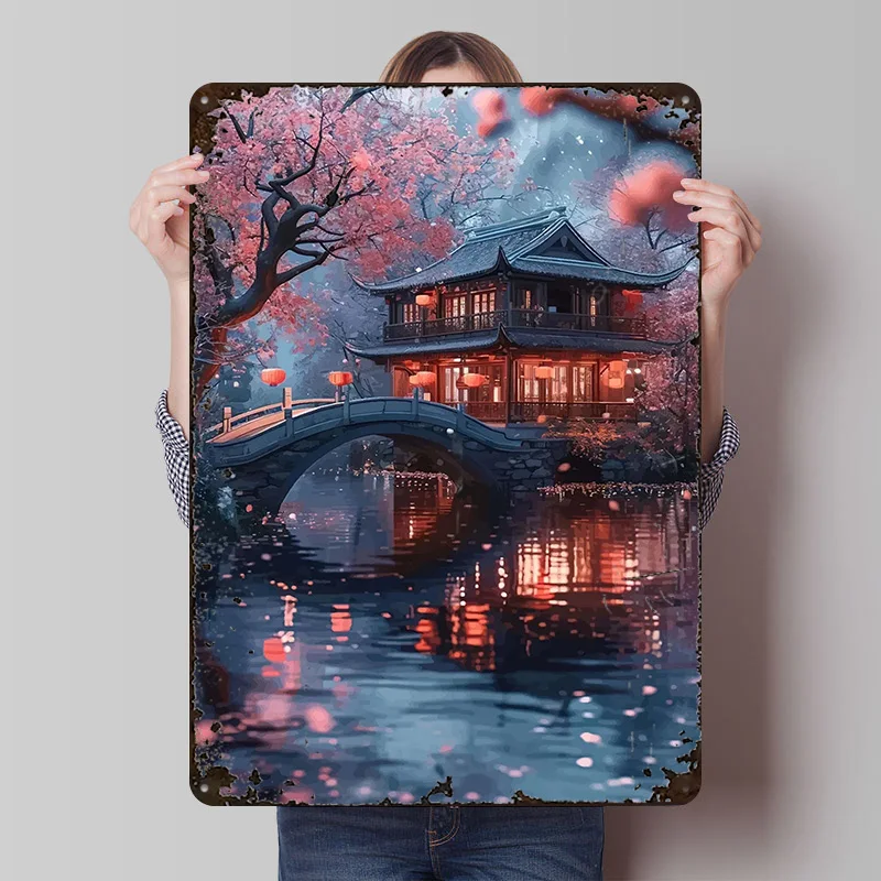 Affiche en métal « Pagode japonaise tranquille » par Cherry Metal Poster, art mural personnalisé, enseignes rétro vintage en tôle pour décoration de bureau, chambre, café, bar