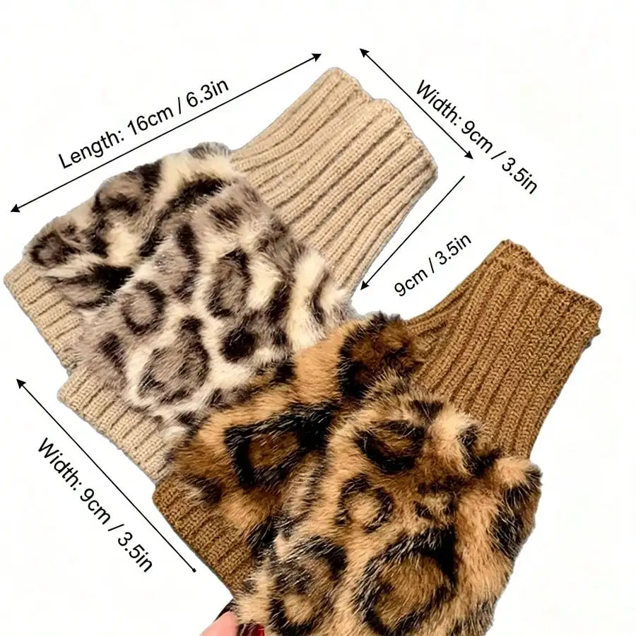 Retro Leopard Furry Fingerless Gloves, Ladies Knitted Half‑Finger Thermal Wrist Gloves Daily Wear