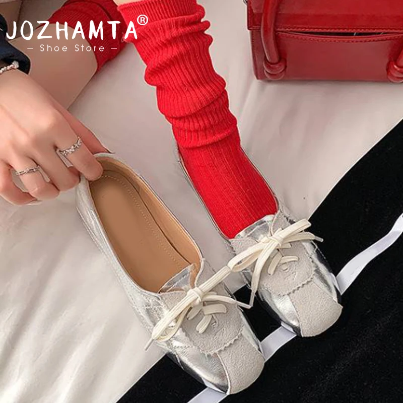 Women's Leather Bow Ballet Flats - Round Toe Office Loafers