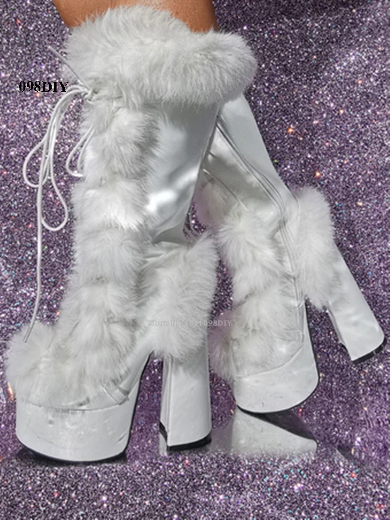 

White Faux Fur Fluffy Winter Platform Boots Women High Heel Lace Up Chunky Heeled Snow Boot Warm Shoes