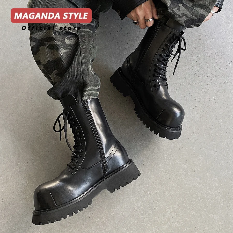 

Paris Big Head Work Boots Height Increase 5CM Leather Boots Men's New Motorcycle Boots Retro Leather Mickey Short Boots