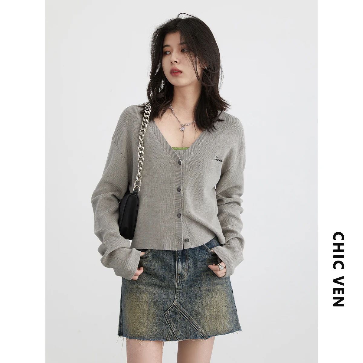 CHIC VEN Women Cardigan Solid Loose Casual Embroidered Short Knitted Sweaters Contrast Suspender Vest Spring Summer 2024