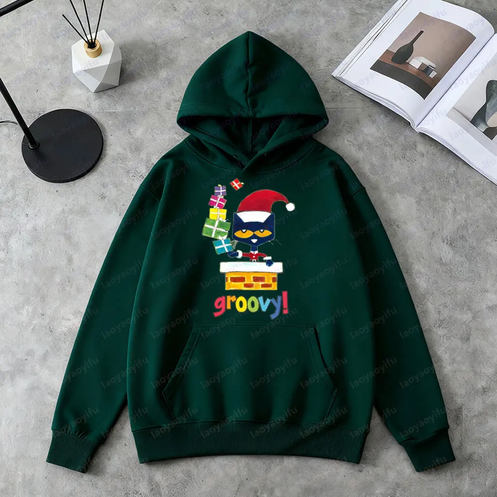 Pete The Cat Groovy Christmas Sweatshirt Funny Santa Cat Clothing Cute Holiday Gift Women Hoodies Casual Fall Winter Apparel