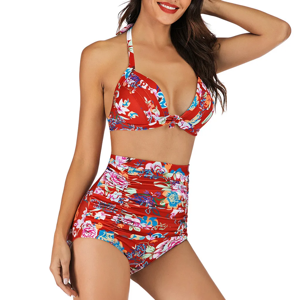 Maillot de bain vintage pour femmes, tankini imprimé, vêtements de plage rembourrés, bretelles triangulaires hawaïennes