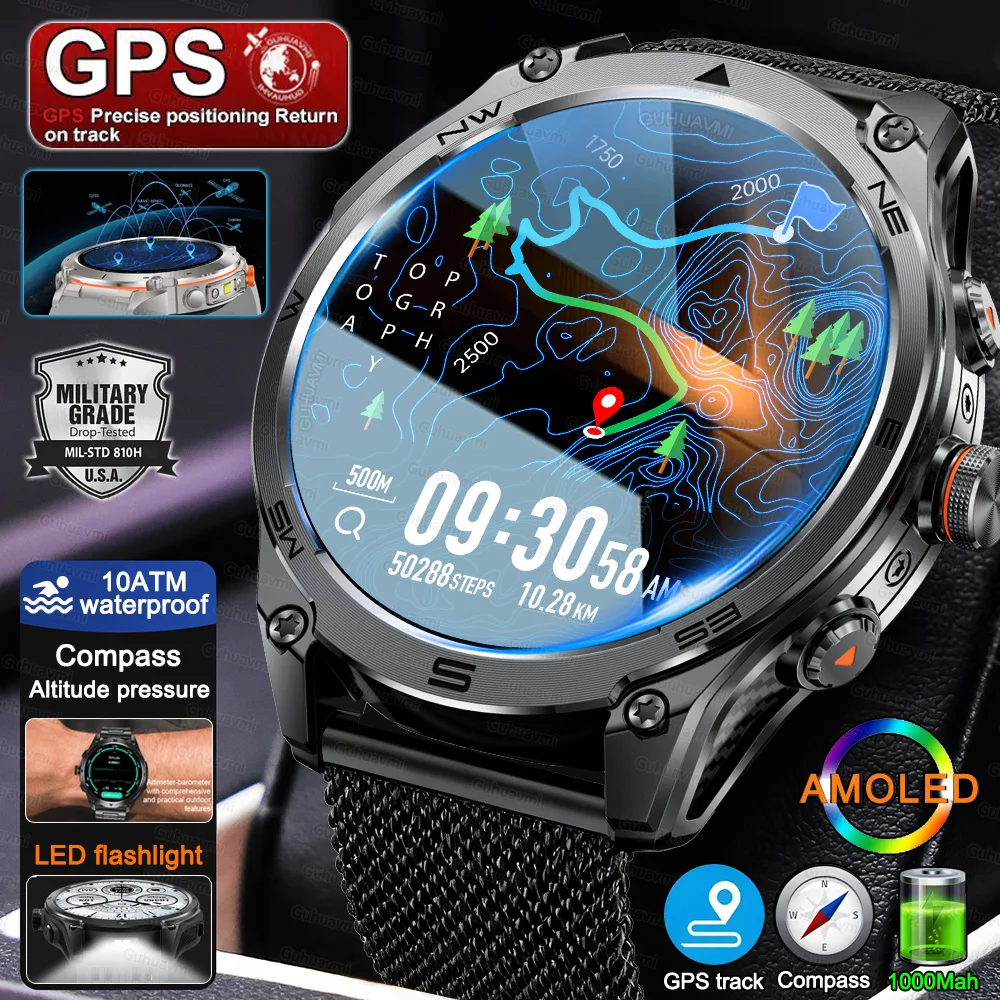 

2025 New Military Smart Watch For Men 1000Mah Battery GPS Compass 10ATM Waterproof Flashlight Voice Call Sport Smart Watch Man