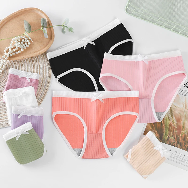 1pcs Womens Bow Underwear Girl's Mid Waist Panties Korean Version Brief Sexy Cute Lingeries Students Underpant Solid Color Panty