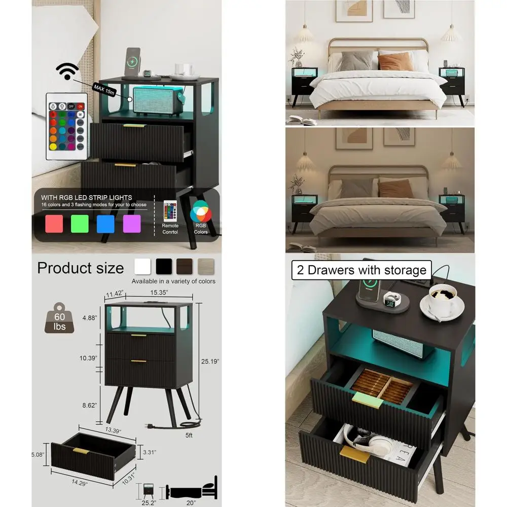 

Современная прикроватная тумбочка с 2 ящиками, зарядной станцией и LED-подсветкой для спальни, компактный дизайн с деревянной полкой