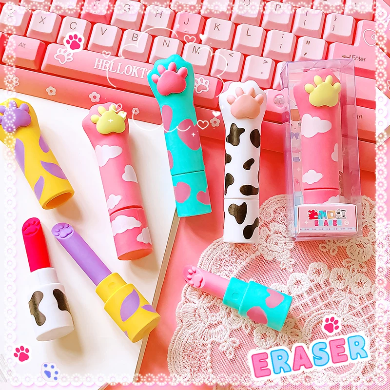 Kawaii Stationery Aesthetic stationery items office supplies gift cute things for school cat paw Lipstick design eraser Rubber