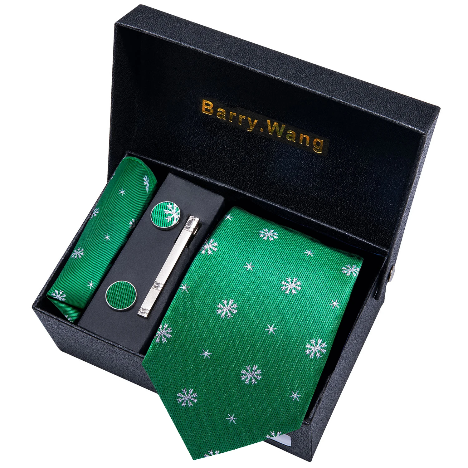 Barry.Wang Boxed Men Christmas Tie Green Silk Necktie Hankerchief Cufflinks Set Xmas Festival Cravat With Box White Snow Santa