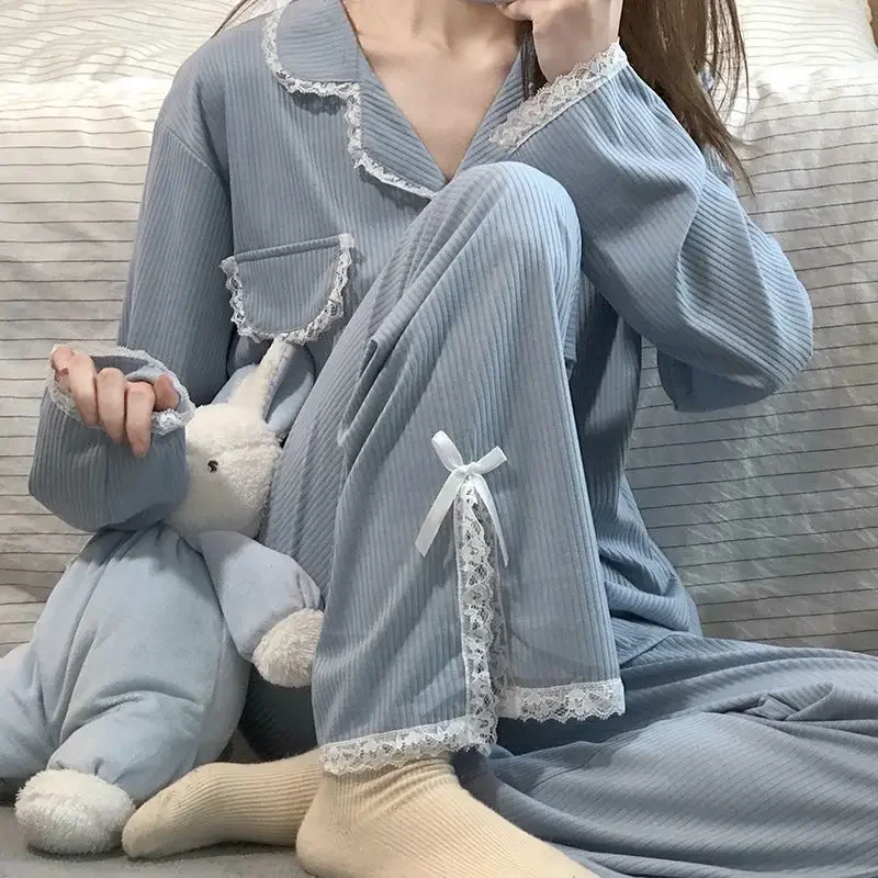 Lace Sleepwear Women Pajama Sets Kawaii Clothes Cardigan Long Sleeve Long Pants Buttons Nightwear Homewear Sets Pajamas