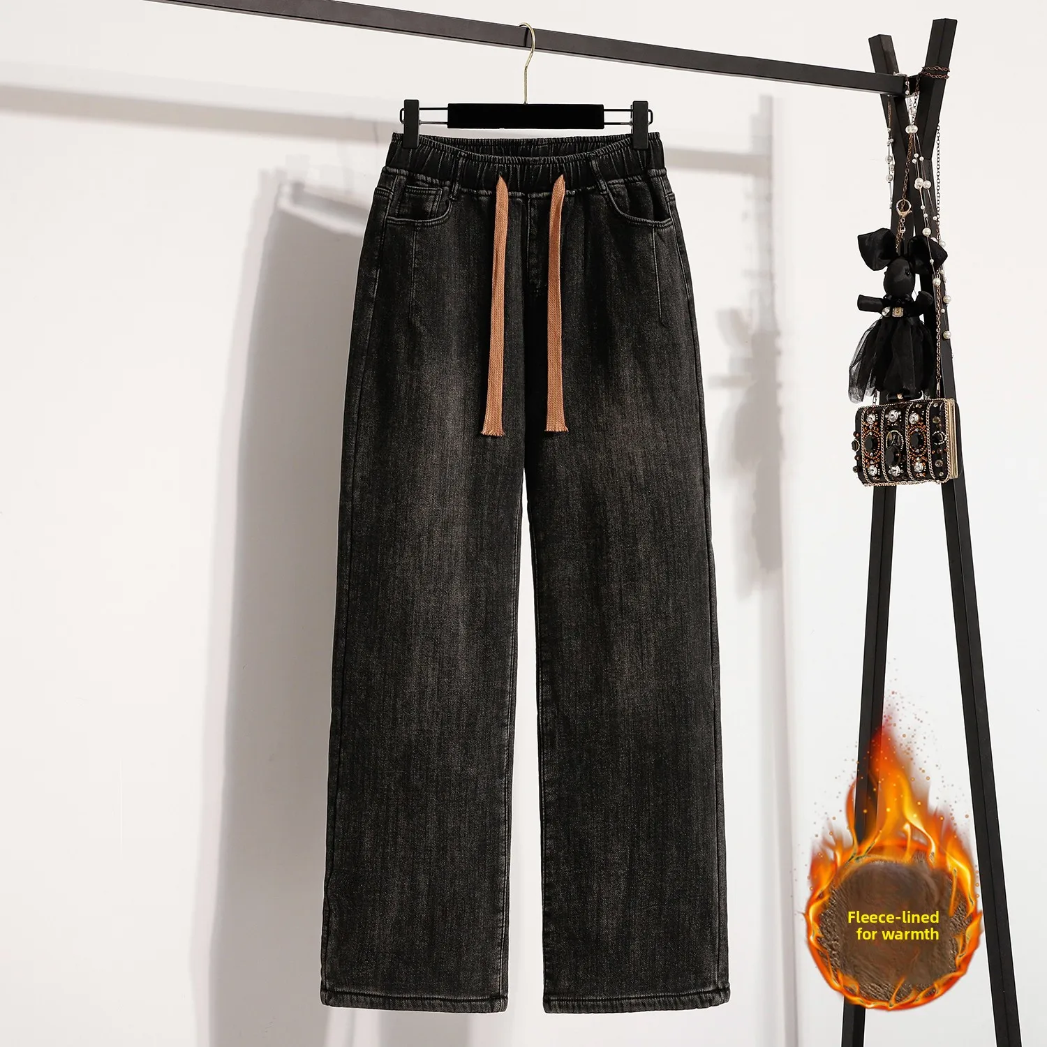 

plus Size Women's Autumn Winter Thiened Fce Loose Slimming Jeans Straight Leg Long Trousers Dstring Elastic Waist Cas...