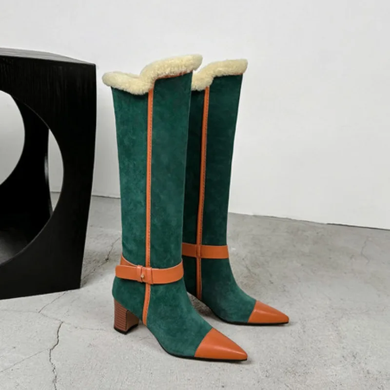 

Block Heeled Knee High Boots Women Fur Decor Warm Winter Boot Side Zipper Simple Commuting Dating Beautiful Boots